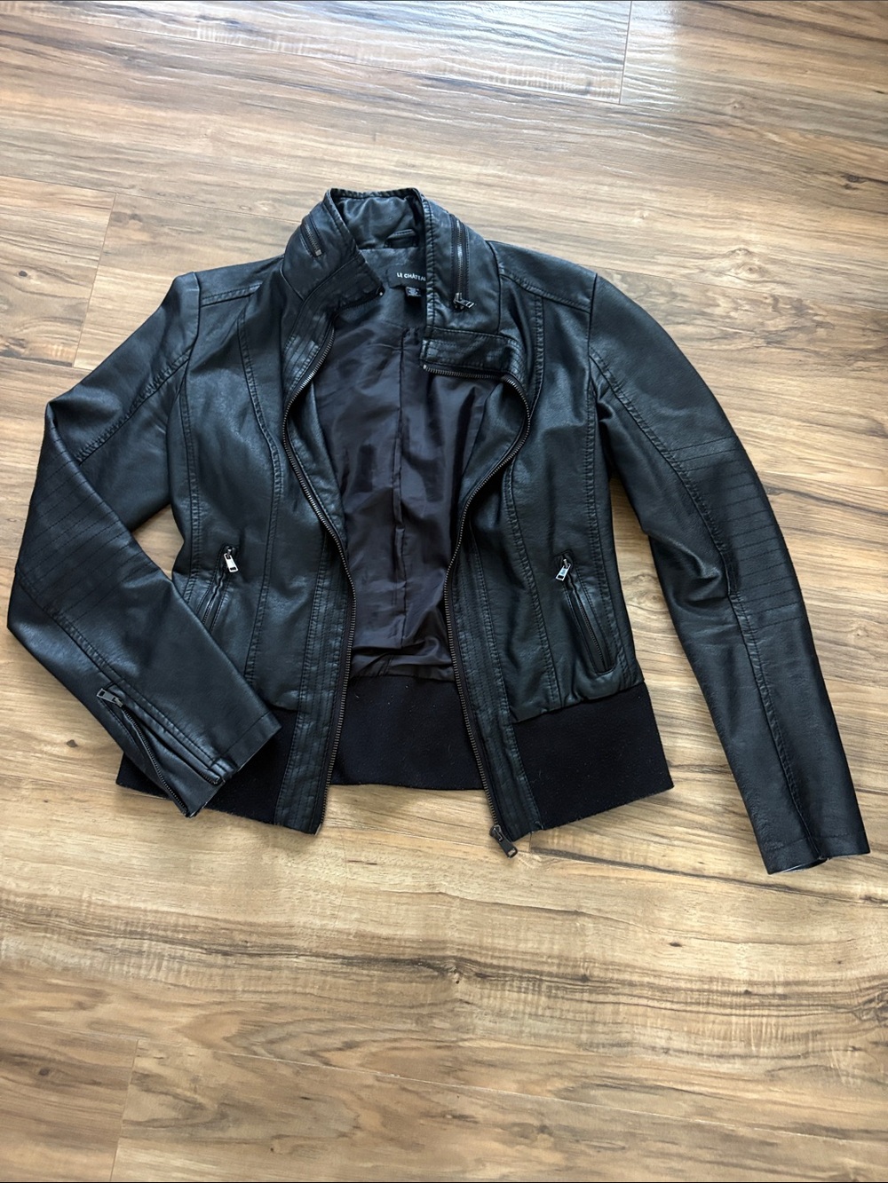 le chateau Black Faux Leather Moto Jacket with Ribbed Waist